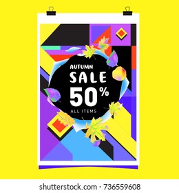 Autumn sale memphis style web banner. Fashion and travel discount poster. Vector holiday Abstract colorful illustration with special offer and promotion.