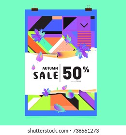 Autumn sale memphis style web banner. Fashion and travel discount poster. Vector holiday Abstract colorful illustration with special offer and promotion.