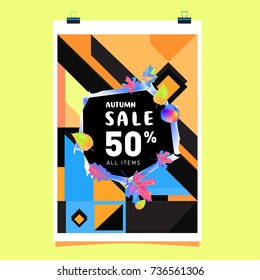 Autumn sale memphis style web banner. Fashion and travel discount poster. Vector holiday Abstract colorful illustration with special offer and promotion.