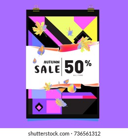 Autumn sale memphis style web banner. Fashion and travel discount poster. Vector holiday Abstract colorful illustration with special offer and promotion.
