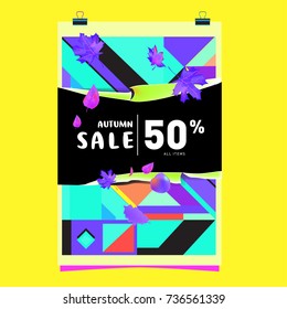 Autumn sale memphis style web banner. Fashion and travel discount poster. Vector holiday Abstract colorful illustration with special offer and promotion.