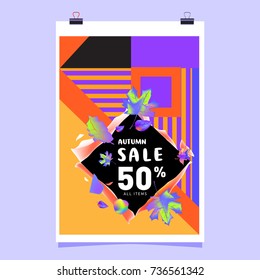 Autumn sale memphis style web banner. Fashion and travel discount poster. Vector holiday Abstract colorful illustration with special offer and promotion.