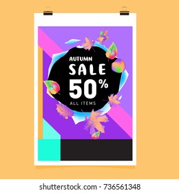 Autumn sale memphis style web banner. Fashion and travel discount poster. Vector holiday Abstract colorful illustration with special offer and promotion.