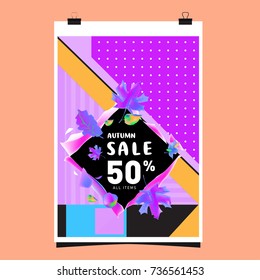 Autumn sale memphis style web banner. Fashion and travel discount poster. Vector holiday Abstract colorful illustration with special offer and promotion.