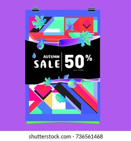 Autumn sale memphis style web banner. Fashion and travel discount poster. Vector holiday Abstract colorful illustration with special offer and promotion.