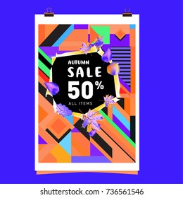 Autumn sale memphis style web banner. Fashion and travel discount poster. Vector holiday Abstract colorful illustration with special offer and promotion.