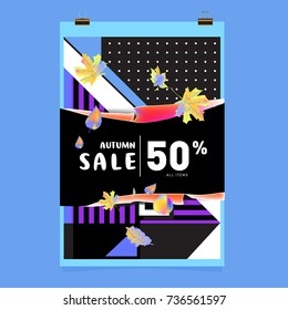 Autumn sale memphis style web banner. Fashion and travel discount poster. Vector holiday Abstract colorful illustration with special offer and promotion.