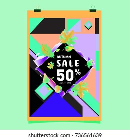 Autumn sale memphis style web banner. Fashion and travel discount poster. Vector holiday Abstract colorful illustration with special offer and promotion.