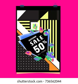 Autumn sale memphis style web banner. Fashion and travel discount poster. Vector holiday Abstract colorful illustration with special offer and promotion.