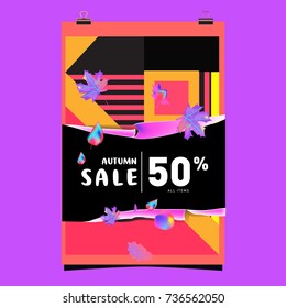 Autumn sale memphis style web banner. Fashion and travel discount poster. Vector holiday Abstract colorful illustration with special offer and promotion.