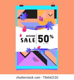 Autumn sale memphis style web banner. Fashion and travel discount poster. Vector holiday Abstract colorful illustration with special offer and promotion.