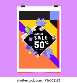 Autumn sale memphis style web banner. Fashion and travel discount poster. Vector holiday Abstract colorful illustration with special offer and promotion.