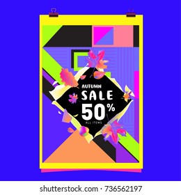 Autumn sale memphis style web banner. Fashion and travel discount poster. Vector holiday Abstract colorful illustration with special offer and promotion.
