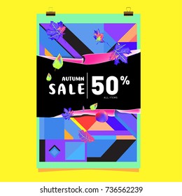 Autumn sale memphis style web banner. Fashion and travel discount poster. Vector holiday Abstract colorful illustration with special offer and promotion.
