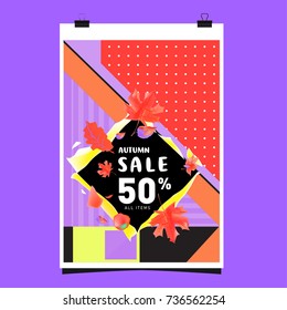Autumn sale memphis style web banner. Fashion and travel discount poster. Vector holiday Abstract colorful illustration with special offer and promotion.