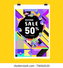 Autumn sale memphis style web banner. Fashion and travel discount poster. Vector holiday Abstract colorful illustration with special offer and promotion.