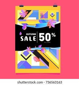 Autumn sale memphis style web banner. Fashion and travel discount poster. Vector holiday Abstract colorful illustration with special offer and promotion.