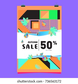 Autumn sale memphis style web banner. Fashion and travel discount poster. Vector holiday Abstract colorful illustration with special offer and promotion.