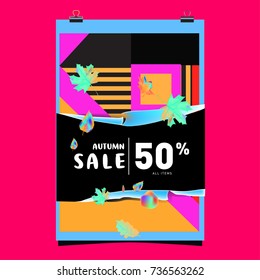 Autumn sale memphis style web banner. Fashion and travel discount poster. Vector holiday Abstract colorful illustration with special offer and promotion.