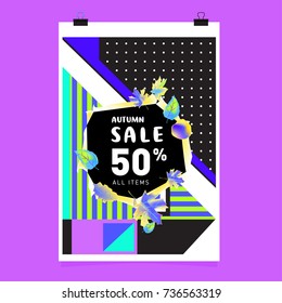 Autumn sale memphis style web banner. Fashion and travel discount poster. Vector holiday Abstract colorful illustration with special offer and promotion.