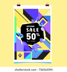 Autumn sale memphis style web banner. Fashion and travel discount poster. Vector holiday Abstract colorful illustration with special offer and promotion.