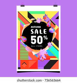 Autumn sale memphis style web banner. Fashion and travel discount poster. Vector holiday Abstract colorful illustration with special offer and promotion.