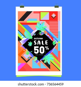 Autumn sale memphis style web banner. Fashion and travel discount poster. Vector holiday Abstract colorful illustration with special offer and promotion.