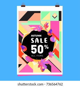 Autumn sale memphis style web banner. Fashion and travel discount poster. Vector holiday Abstract colorful illustration with special offer and promotion.