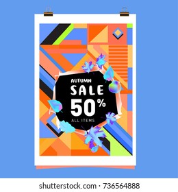 Autumn sale memphis style web banner. Fashion and travel discount poster. Vector holiday Abstract colorful illustration with special offer and promotion.