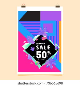 Autumn sale memphis style web banner. Fashion and travel discount poster. Vector holiday Abstract colorful illustration with special offer and promotion.