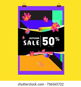 Autumn sale memphis style web banner. Fashion and travel discount poster. Vector holiday Abstract colorful illustration with special offer and promotion.