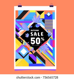 Autumn sale memphis style web banner. Fashion and travel discount poster. Vector holiday Abstract colorful illustration with special offer and promotion.