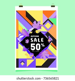 Autumn sale memphis style web banner. Fashion and travel discount poster. Vector holiday Abstract colorful illustration with special offer and promotion.