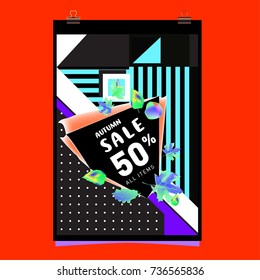 Autumn sale memphis style web banner. Fashion and travel discount poster. Vector holiday Abstract colorful illustration with special offer and promotion.