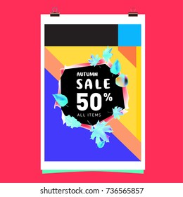 Autumn sale memphis style web banner. Fashion and travel discount poster. Vector holiday Abstract colorful illustration with special offer and promotion.