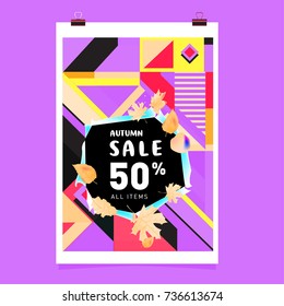 Autumn sale memphis style web banner. Fashion and travel discount poster. Vector holiday Abstract colorful illustration with special offer and promotion.