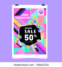 Autumn sale memphis style web banner. Fashion and travel discount poster. Vector holiday Abstract colorful illustration with special offer and promotion.