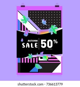 Autumn sale memphis style web banner. Fashion and travel discount poster. Vector holiday Abstract colorful illustration with special offer and promotion.
