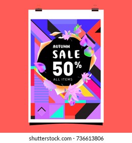 Autumn sale memphis style web banner. Fashion and travel discount poster. Vector holiday Abstract colorful illustration with special offer and promotion.