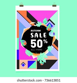 Autumn sale memphis style web banner. Fashion and travel discount poster. Vector holiday Abstract colorful illustration with special offer and promotion.