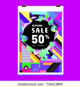 Autumn sale memphis style web banner. Fashion and travel discount poster. Vector holiday Abstract colorful illustration with special offer and promotion.