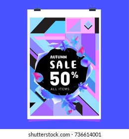 Autumn sale memphis style web banner. Fashion and travel discount poster. Vector holiday Abstract colorful illustration with special offer and promotion.