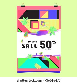 Autumn sale memphis style web banner. Fashion and travel discount poster. Vector holiday Abstract colorful illustration with special offer and promotion.
