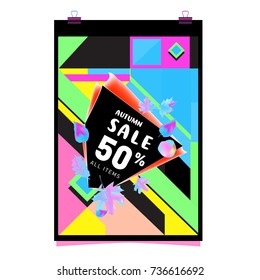 Autumn sale memphis style web banner. Fashion and travel discount poster. Vector holiday Abstract colorful illustration with special offer and promotion.