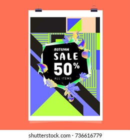 Autumn sale memphis style web banner. Fashion and travel discount poster. Vector holiday Abstract colorful illustration with special offer and promotion.