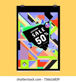 Autumn sale memphis style web banner. Fashion and travel discount poster. Vector holiday Abstract colorful illustration with special offer and promotion.