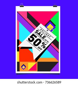 Autumn sale memphis style web banner. Fashion and travel discount poster. Vector holiday Abstract colorful illustration with special offer and promotion.