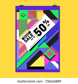 Autumn sale memphis style web banner. Fashion and travel discount poster. Vector holiday Abstract colorful illustration with special offer and promotion.