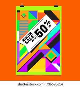 Autumn sale memphis style web banner. Fashion and travel discount poster. Vector holiday Abstract colorful illustration with special offer and promotion.