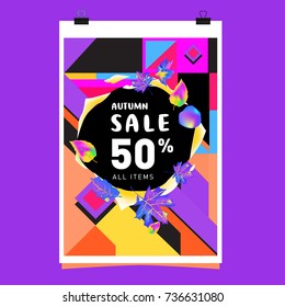 Autumn sale memphis style web banner. Fashion and travel discount poster. Vector holiday Abstract colorful illustration with special offer and promotion.